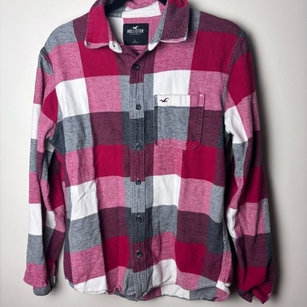 Womens‎ L Hollister Flannel Shirt Red White Plaid Button Front Chest Pocket